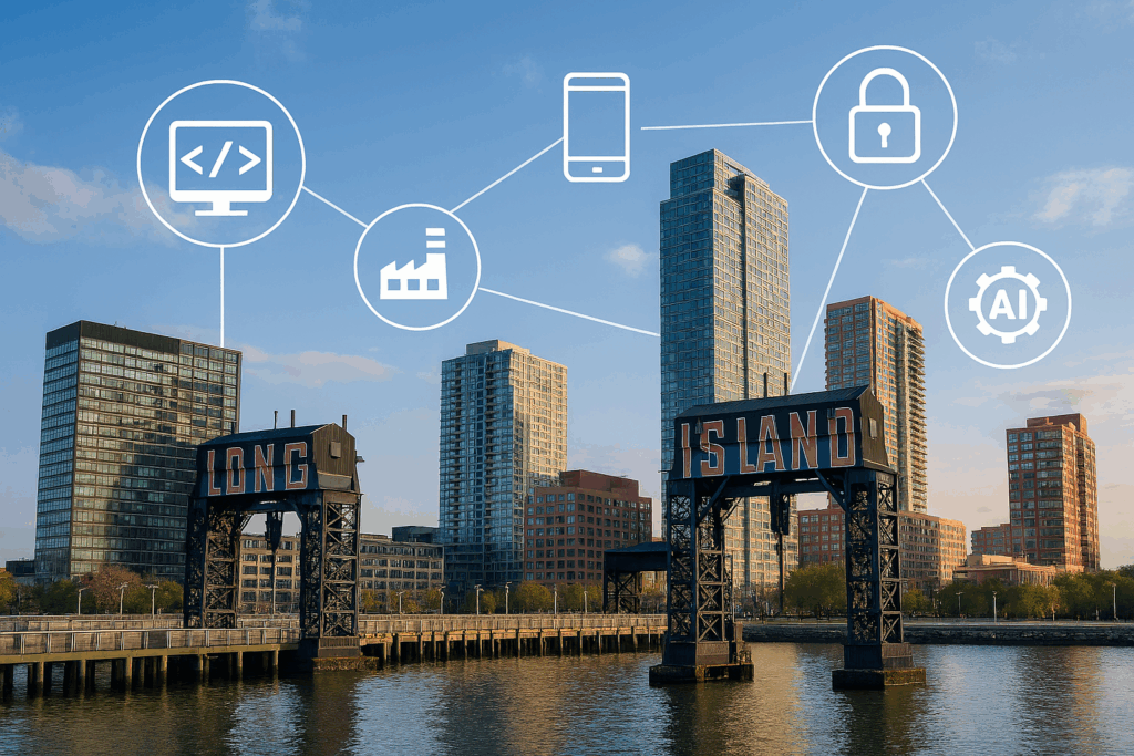 Long Island skyline with technology icons representing web development, cybersecurity, and AI automation for business growth.